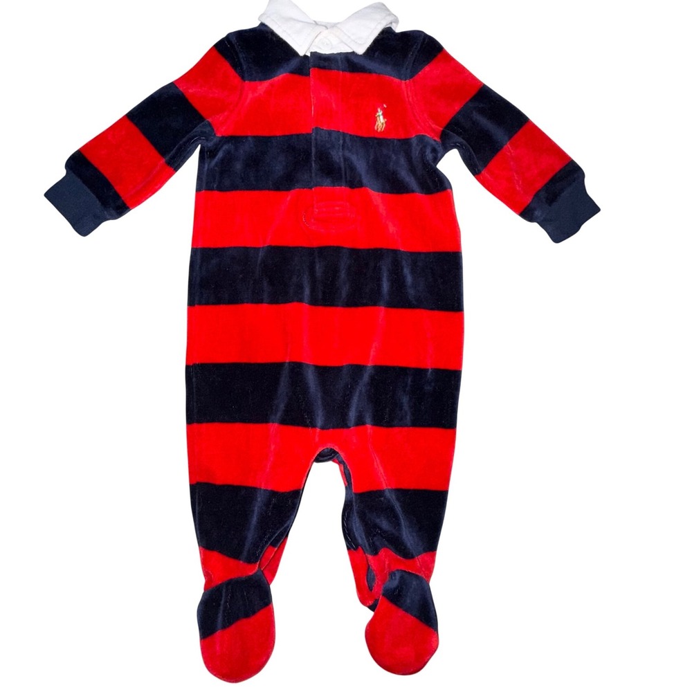 Ralph Lauren Romper 3M Red Navy Striped Velour Rugby Footed One Piece Preppy